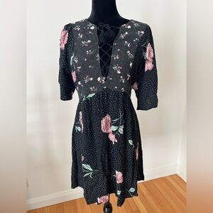 Xhilaration Tie Front Floral Half Sleeve Black Dress Pink Flower Accents Size S